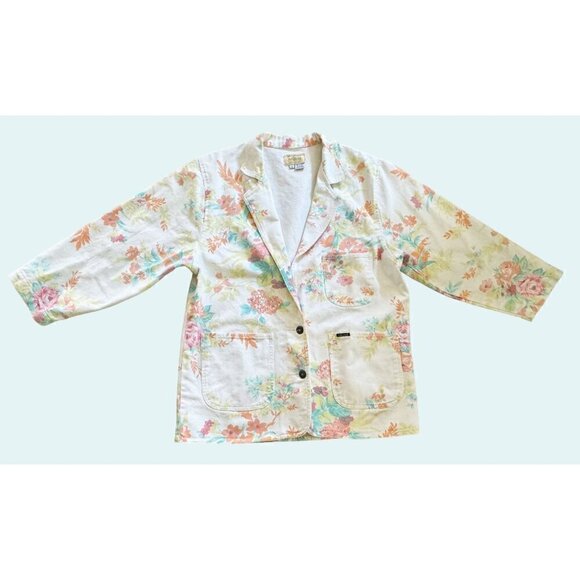 Vintage BONJOUR White Denim Floral Blazer Jacket 80s 90s Size XL EUC - Picture 2 of 8